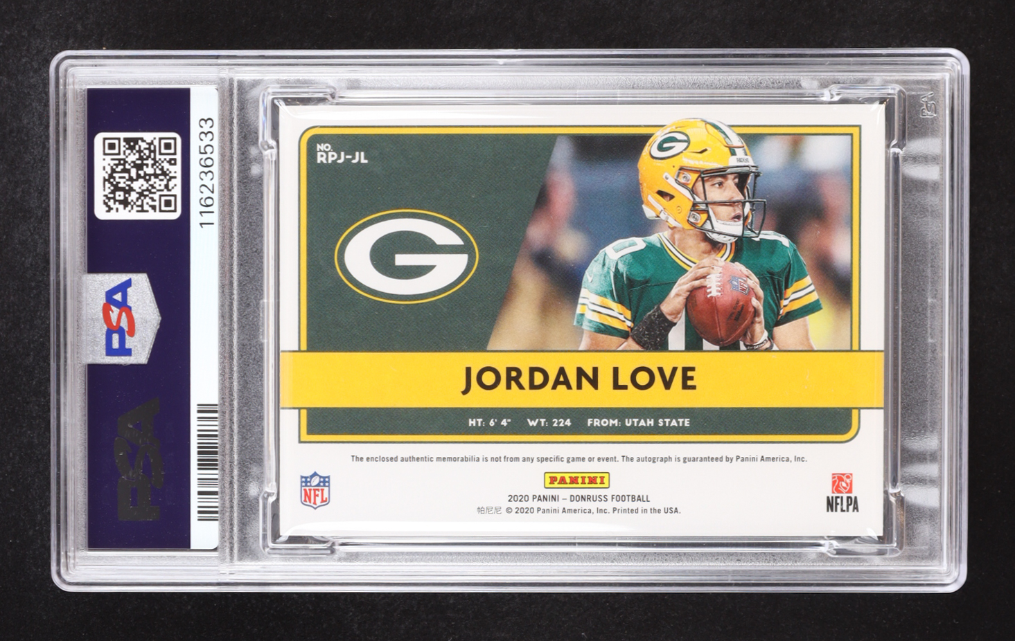 Jordan Love Signed 2020 Panini Donruss Rookie Phenoms Jersey Autograph #RPJ-JL RC #26/99 (PSA | Autograph Graded PSA 10) at PristineAuction.com Jordan Love Signed 2020 Panini Donruss Rookie Phenoms Jersey Autograph #RPJ-JL RC #26/99 (PSA | Autograph Graded PSA 10) at PristineAuction.com