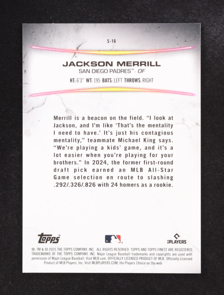 Jackson Merrill 2025 Finest Smashing Through #S16 at PristineAuction.com Jackson Merrill 2025 Finest Smashing Through #S16 at PristineAuction.com