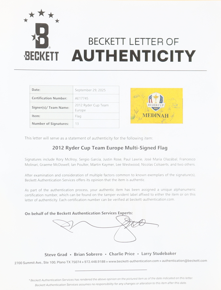 2012 European Ryder Cup Team Pin Flag Signed By (13) with Rory Mcllroy, Sergio García, Justin Rose, Paul Lawrie (Beckett) at PristineAuction.com 2012 European Ryder Cup Team Pin Flag Signed By (13) with Rory Mcllroy, Sergio García, Justin Rose, Paul Lawrie (Beckett) at PristineAuction.com