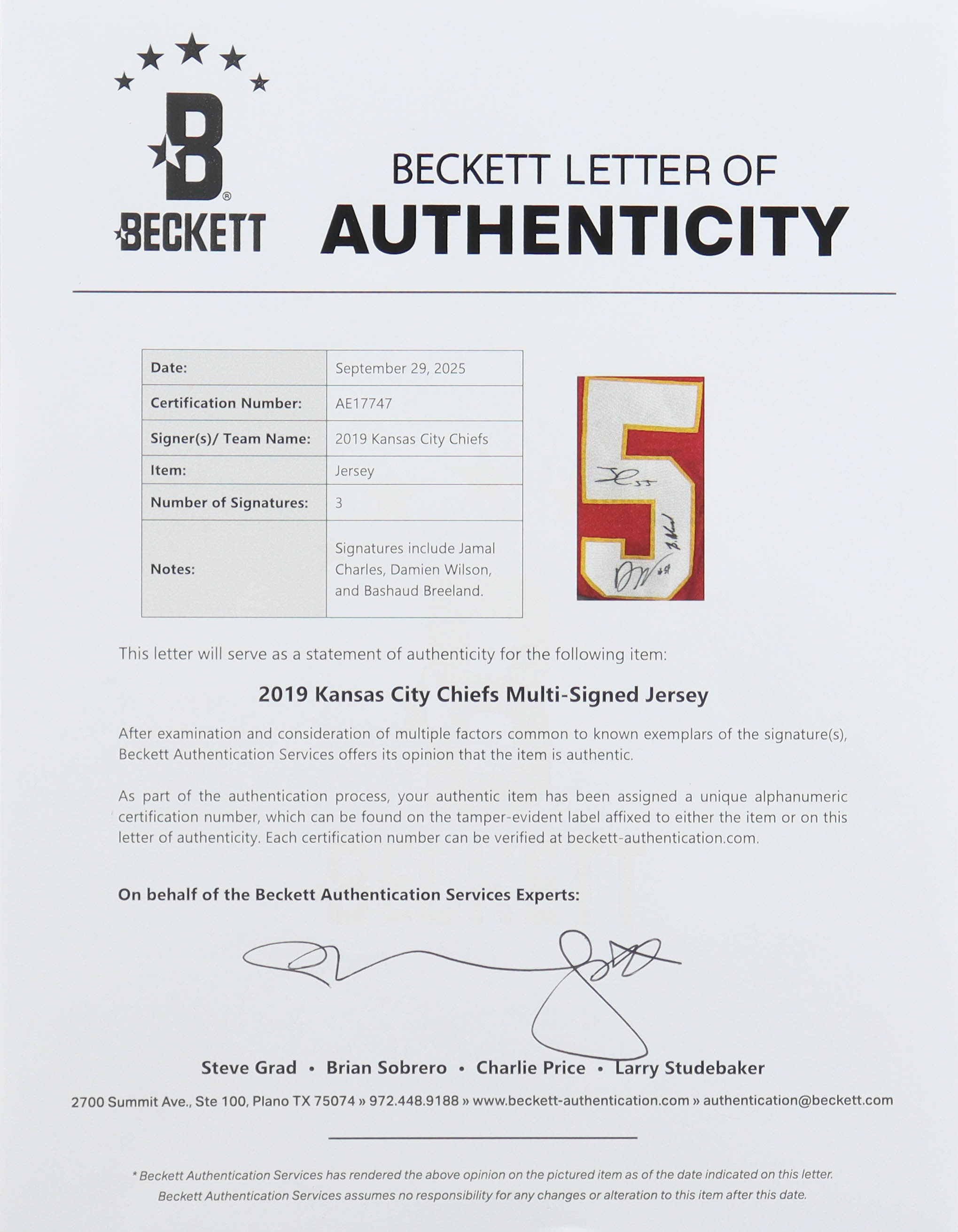 Jamaal Charles, Damien Wilson & Bashaud Breeland Signed "SB LIV Champions" Jersey (Beckett) at PristineAuction.com Jamaal Charles, Damien Wilson & Bashaud Breeland Signed "SB LIV Champions" Jersey (Beckett) at PristineAuction.com