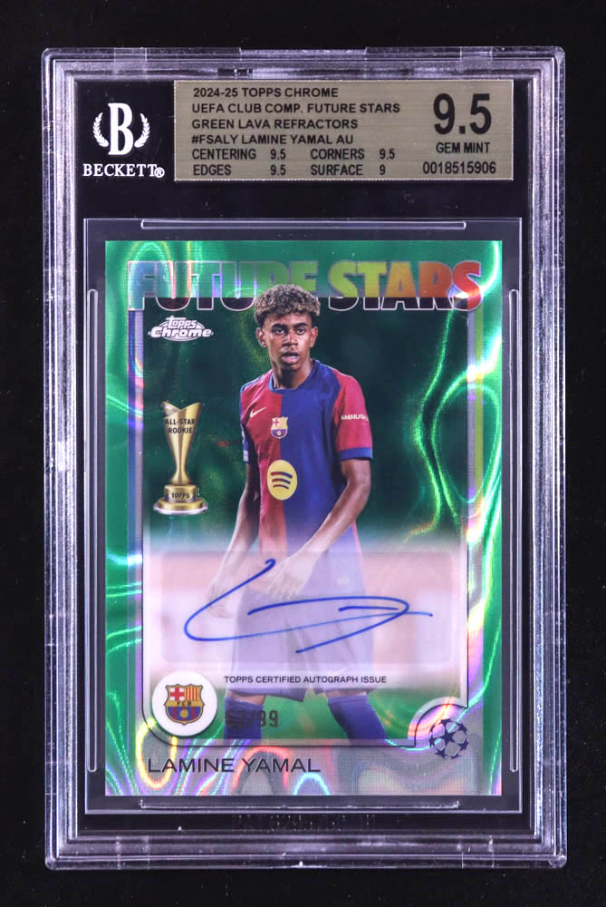 Lamine Yamal 2024-25 Topps Chrome UEFA Club Competitions Future Stars Autographs Green Lava Refractors #FSALY #62/99 (BGS 9.5) at PristineAuction.com Lamine Yamal 2024-25 Topps Chrome UEFA Club Competitions Future Stars Autographs Green Lava Refractors #FSALY #62/99 (BGS 9.5) at PristineAuction.com