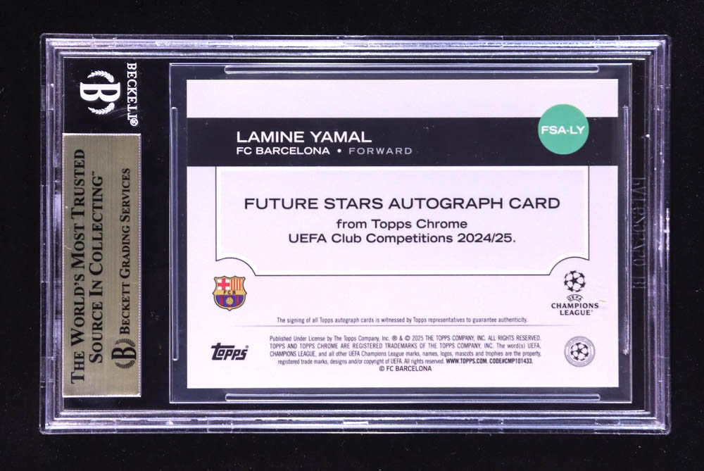 Lamine Yamal 2024-25 Topps Chrome UEFA Club Competitions Future Stars Autographs Green Lava Refractors #FSALY #62/99 (BGS 9.5) at PristineAuction.com Lamine Yamal 2024-25 Topps Chrome UEFA Club Competitions Future Stars Autographs Green Lava Refractors #FSALY #62/99 (BGS 9.5) at PristineAuction.com