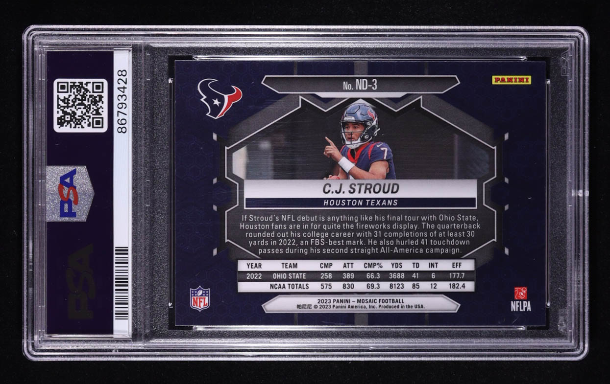 CJ Stroud 2023 Panini Mosaic NFL Debut #3 RC (PSA 10) at PristineAuction.com CJ Stroud 2023 Panini Mosaic NFL Debut #3 RC (PSA 10) at PristineAuction.com