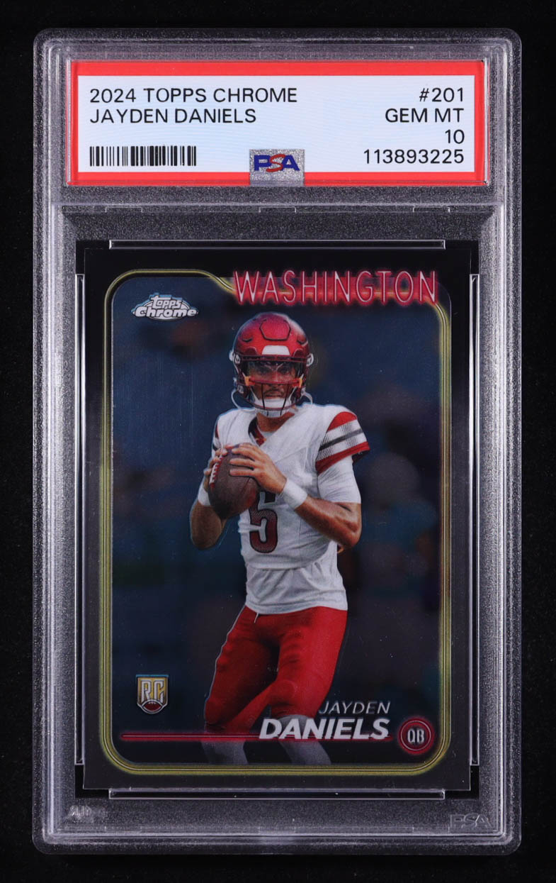 Jayden Daniels 2024 Topps Chrome #201 RC (PSA 10) at PristineAuction.com Jayden Daniels 2024 Topps Chrome #201 RC (PSA 10) at PristineAuction.com