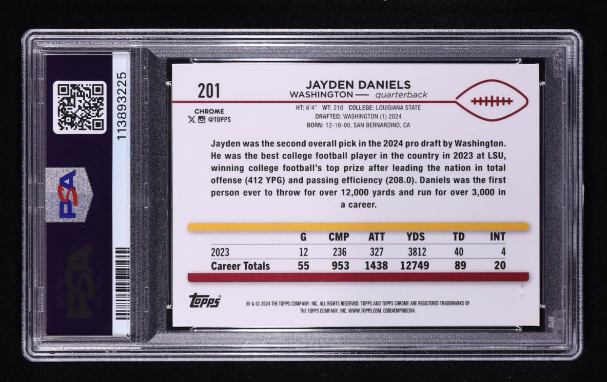 Jayden Daniels 2024 Topps Chrome #201 RC (PSA 10) at PristineAuction.com Jayden Daniels 2024 Topps Chrome #201 RC (PSA 10) at PristineAuction.com
