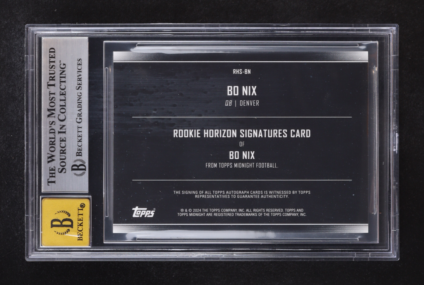 Bo Nix 2024 Topps Midnight Rookie Horizon Signatures Moon Beam #RHSBN RC (BGS 9 | Auto 10) at PristineAuction.com Bo Nix 2024 Topps Midnight Rookie Horizon Signatures Moon Beam #RHSBN RC (BGS 9 | Auto 10) at PristineAuction.com