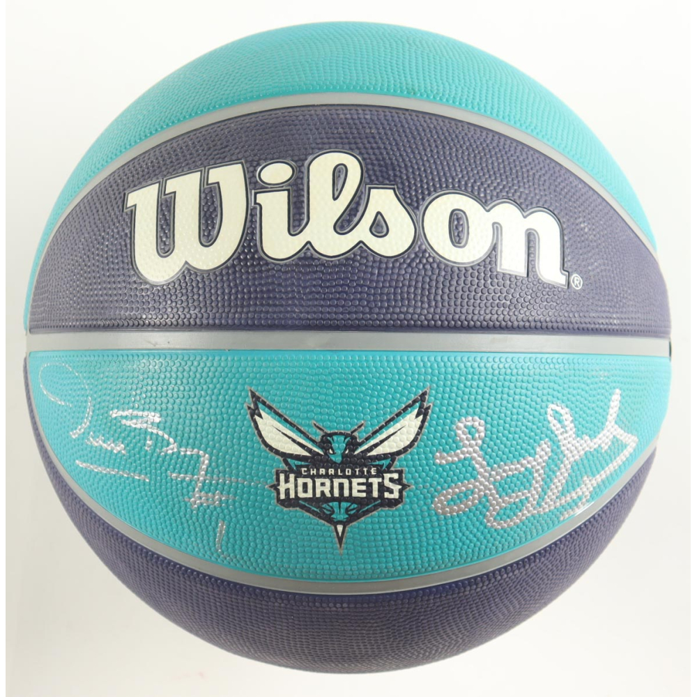 Larry Johnson & Muggsy Bogues Signed Hornets Logo Basketball (AWM) at PristineAuction.com
