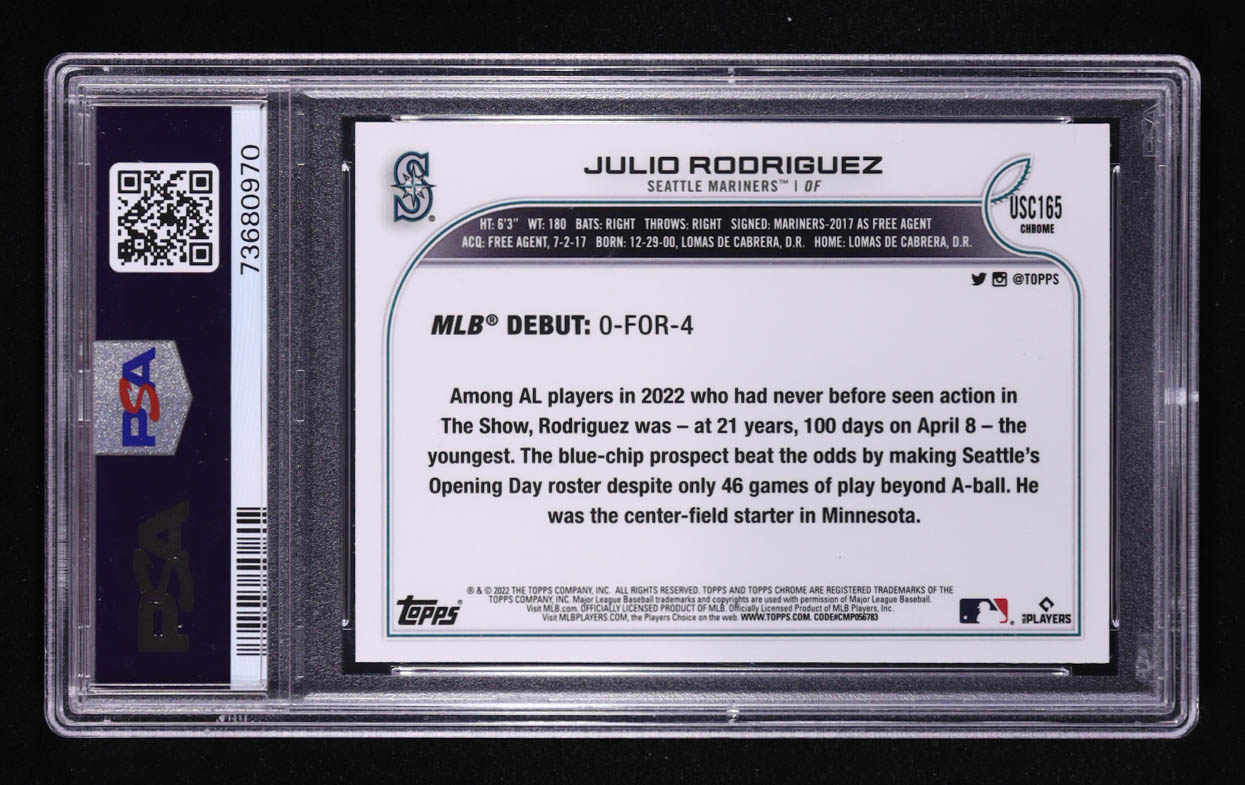 Julio Rodriguez 2022 Topps Chrome Update #USC165 RC (PSA 10) at PristineAuction.com Julio Rodriguez 2022 Topps Chrome Update #USC165 RC (PSA 10) at PristineAuction.com