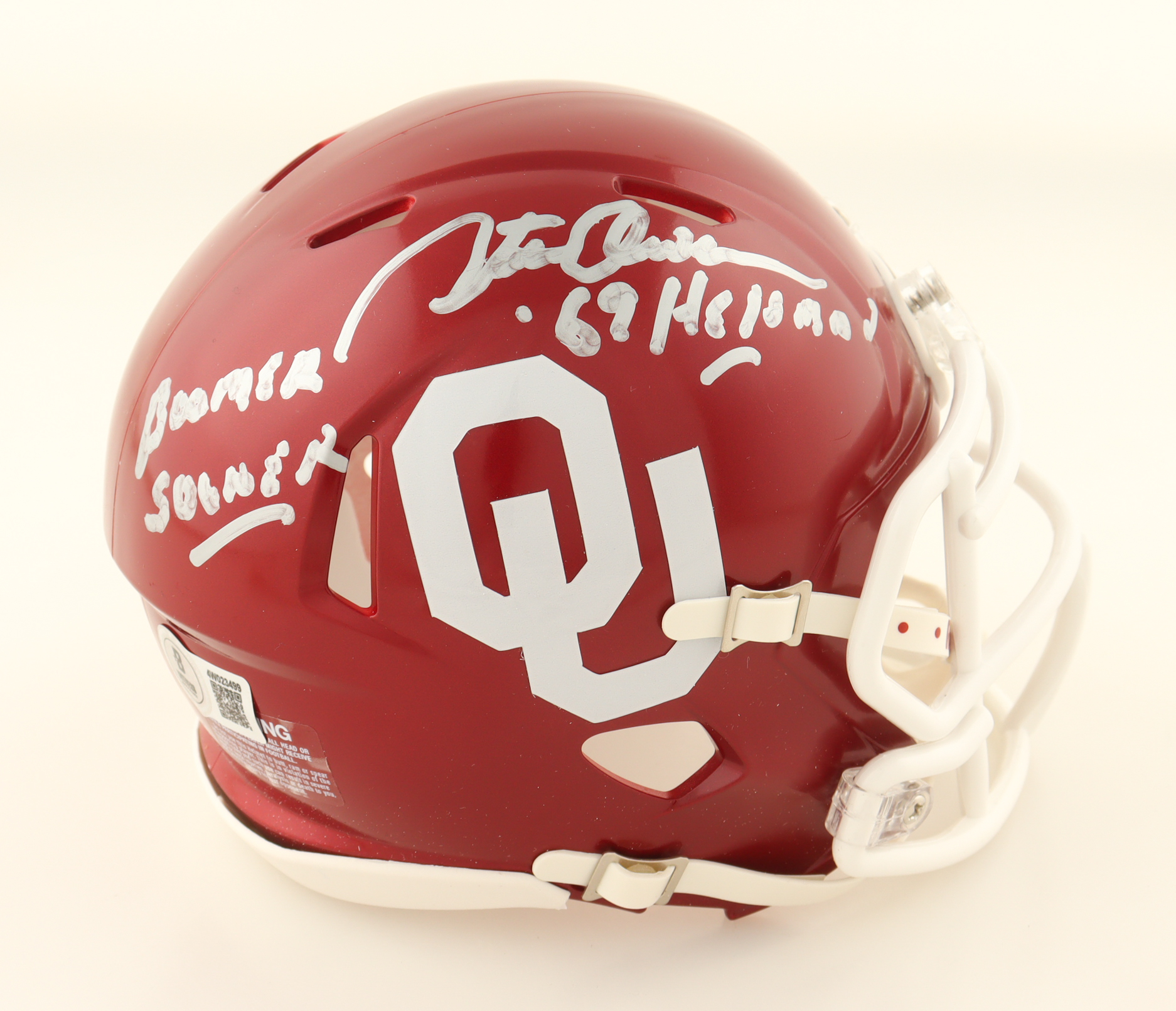Steve Owens Signed Oklahoma Sooners Speed Mini Helmet Inscribed "Boomer Sooner '69 Heisman" (Beckett) at PristineAuction.com Steve Owens Signed Oklahoma Sooners Speed Mini Helmet Inscribed "Boomer Sooner '69 Heisman" (Beckett) at PristineAuction.com