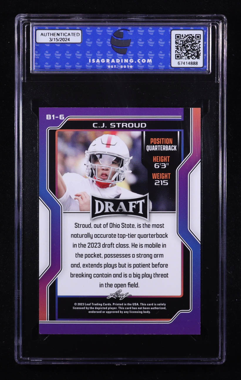 C. J. Stroud 2023 Leaf Draft V1 #B1-6 RC (ISA 10) at PristineAuction.com C. J. Stroud 2023 Leaf Draft V1 #B1-6 RC (ISA 10) at PristineAuction.com