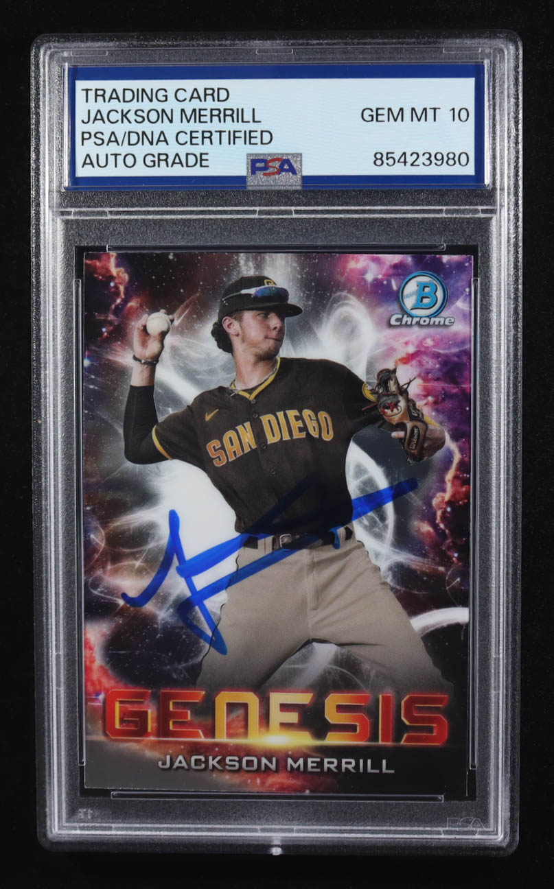 Jackson Merrill Signed 2021 Bowman Chrome Draft Genesis #GNS19 RC (PSA | Autograph Grade 10) at PristineAuction.com Jackson Merrill Signed 2021 Bowman Chrome Draft Genesis #GNS19 RC (PSA | Autograph Grade 10) at PristineAuction.com