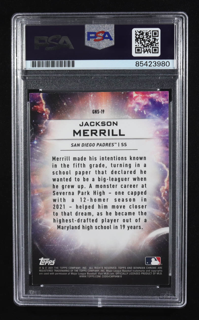 Jackson Merrill Signed 2021 Bowman Chrome Draft Genesis #GNS19 RC (PSA | Autograph Grade 10) at PristineAuction.com Jackson Merrill Signed 2021 Bowman Chrome Draft Genesis #GNS19 RC (PSA | Autograph Grade 10) at PristineAuction.com