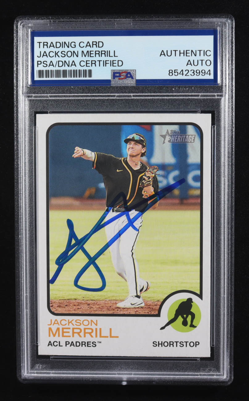 Jackson Merrill Signed 2022 Topps Heritage Minors #14 RC (PSA) at PristineAuction.com Jackson Merrill Signed 2022 Topps Heritage Minors #14 RC (PSA) at PristineAuction.com