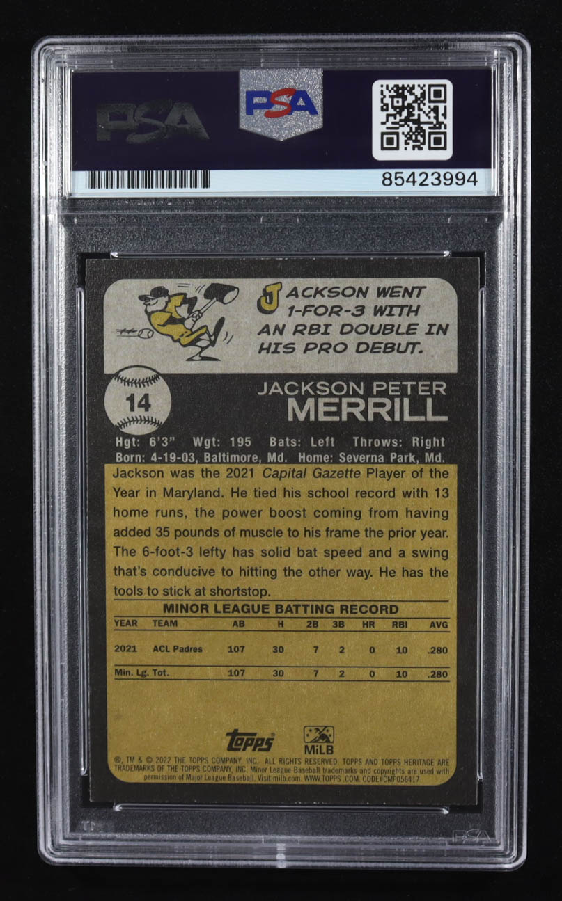 Jackson Merrill Signed 2022 Topps Heritage Minors #14 RC (PSA) at PristineAuction.com Jackson Merrill Signed 2022 Topps Heritage Minors #14 RC (PSA) at PristineAuction.com