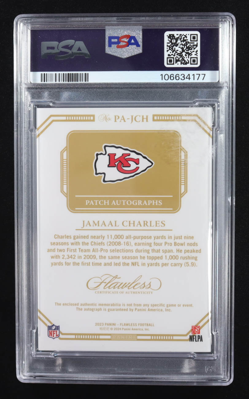 Jamaal Charles 2023 Panini Flawless Patch Auto Bronze #PAJCH #3/6 (PSA 9 | Autograph Grade 10) at PristineAuction.com Jamaal Charles 2023 Panini Flawless Patch Auto Bronze #PAJCH #3/6 (PSA 9 | Autograph Grade 10) at PristineAuction.com
