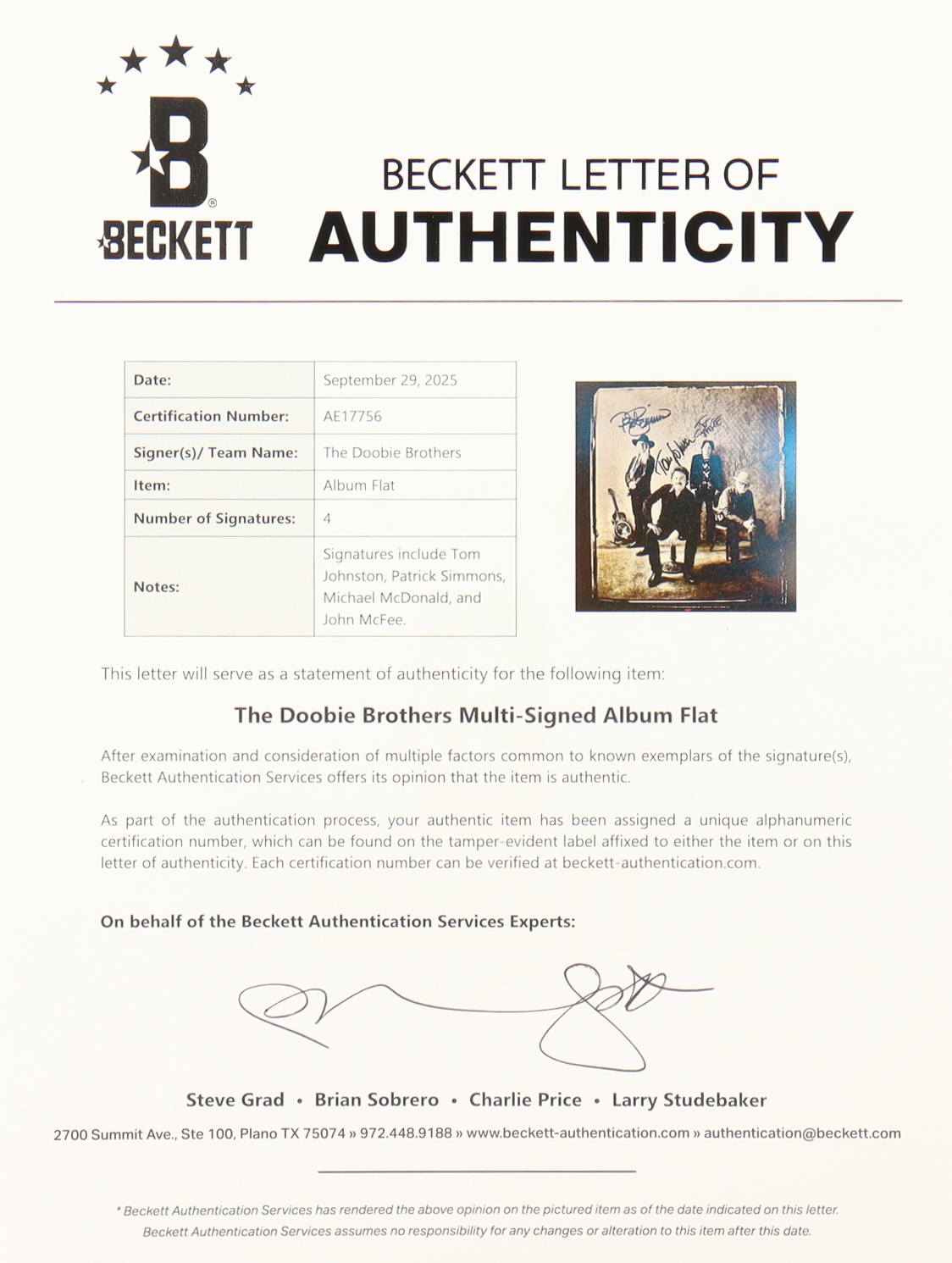 The Doobie Brothers "Walk the Road" Vinyl Record Album Band-Signed by (4) with Tom Johnston, Patrick Simmons (Beckett) at PristineAuction.com The Doobie Brothers "Walk the Road" Vinyl Record Album Band-Signed by (4) with Tom Johnston, Patrick Simmons (Beckett) at PristineAuction.com