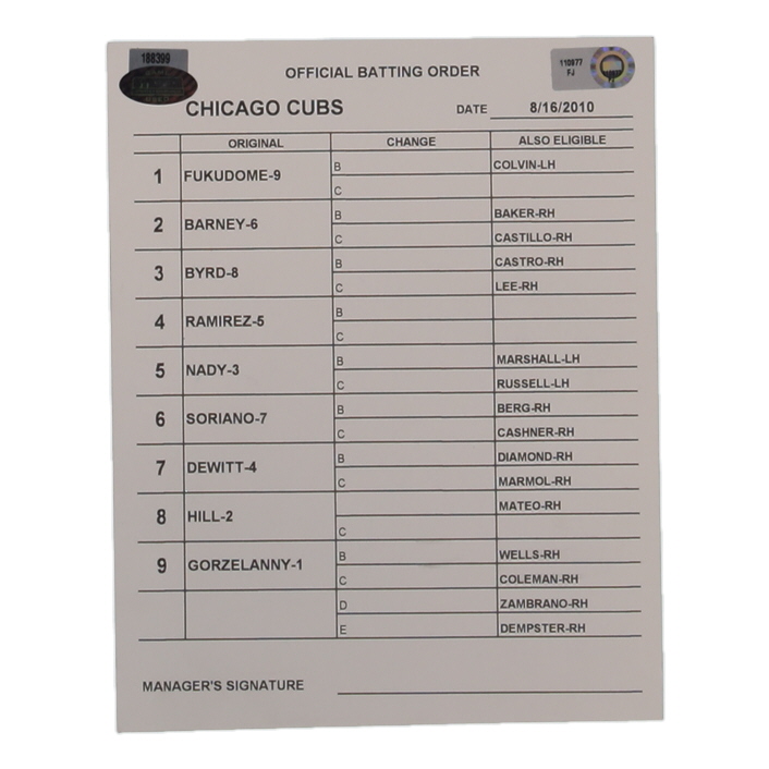 2010 Cubs Official Game-Used Batting Order Lineup Card (MLB & Steiner) at PristineAuction.com 2010 Cubs Official Game-Used Batting Order Lineup Card (MLB & Steiner) at PristineAuction.com