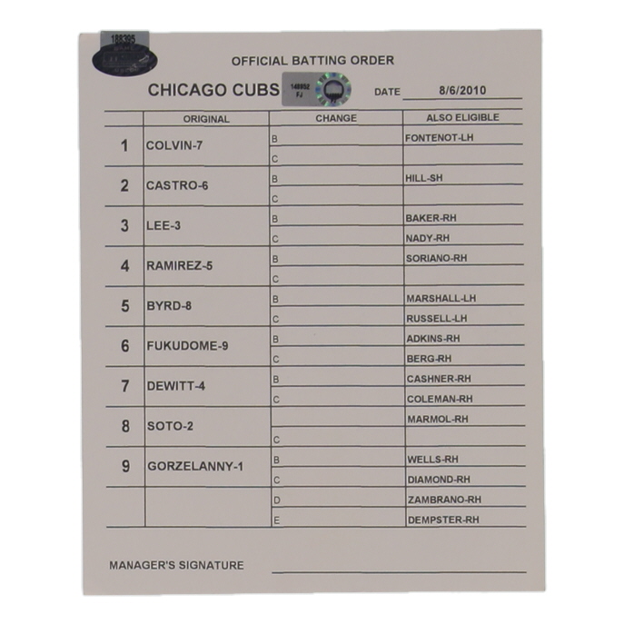 2010 Cubs Official Game-Used Batting Order Lineup Card (MLB & Steiner) at PristineAuction.com 2010 Cubs Official Game-Used Batting Order Lineup Card (MLB & Steiner) at PristineAuction.com