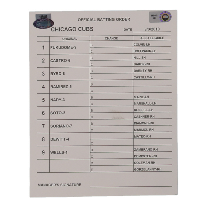 2010 Cubs Official Game-Used Batting Order Lineup Card (MLB & Steiner) at PristineAuction.com 2010 Cubs Official Game-Used Batting Order Lineup Card (MLB & Steiner) at PristineAuction.com