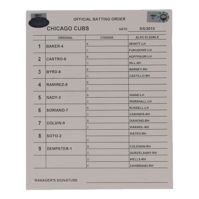 2010 Cubs Official Game-Used Batting Order Lineup Card (MLB & Steiner) at PristineAuction.com 2010 Cubs Official Game-Used Batting Order Lineup Card (MLB & Steiner) at PristineAuction.com