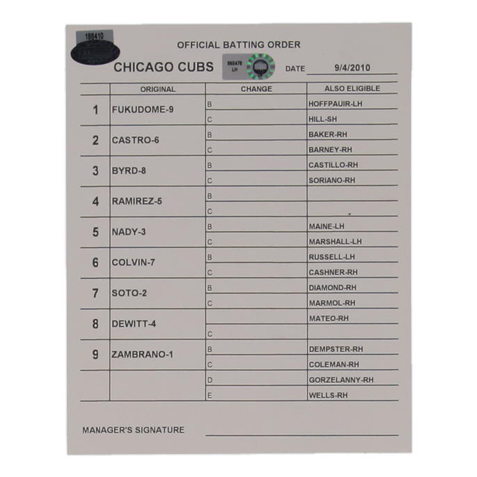 2010 Cubs Official Game-Used Batting Order Lineup Card (MLB & Steiner) at PristineAuction.com 2010 Cubs Official Game-Used Batting Order Lineup Card (MLB & Steiner) at PristineAuction.com
