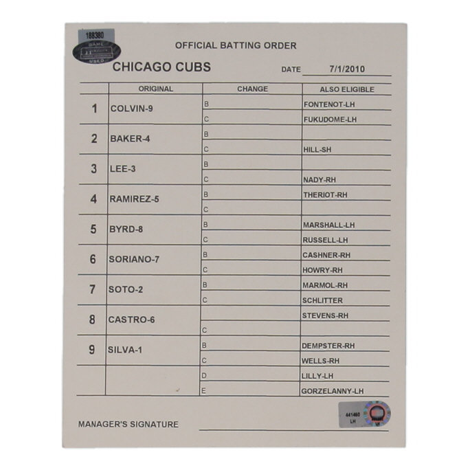 2010 Cubs Official Game-Used Batting Order Lineup Card (MLB & Steiner) at PristineAuction.com 2010 Cubs Official Game-Used Batting Order Lineup Card (MLB & Steiner) at PristineAuction.com