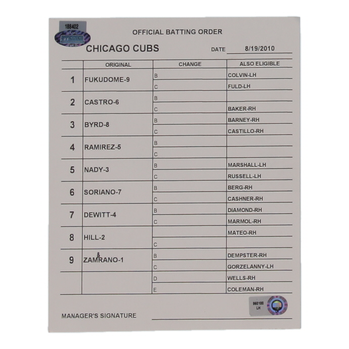 2010 Cubs Official Game-Used Batting Order Lineup Card (MLB & Steiner) at PristineAuction.com 2010 Cubs Official Game-Used Batting Order Lineup Card (MLB & Steiner) at PristineAuction.com
