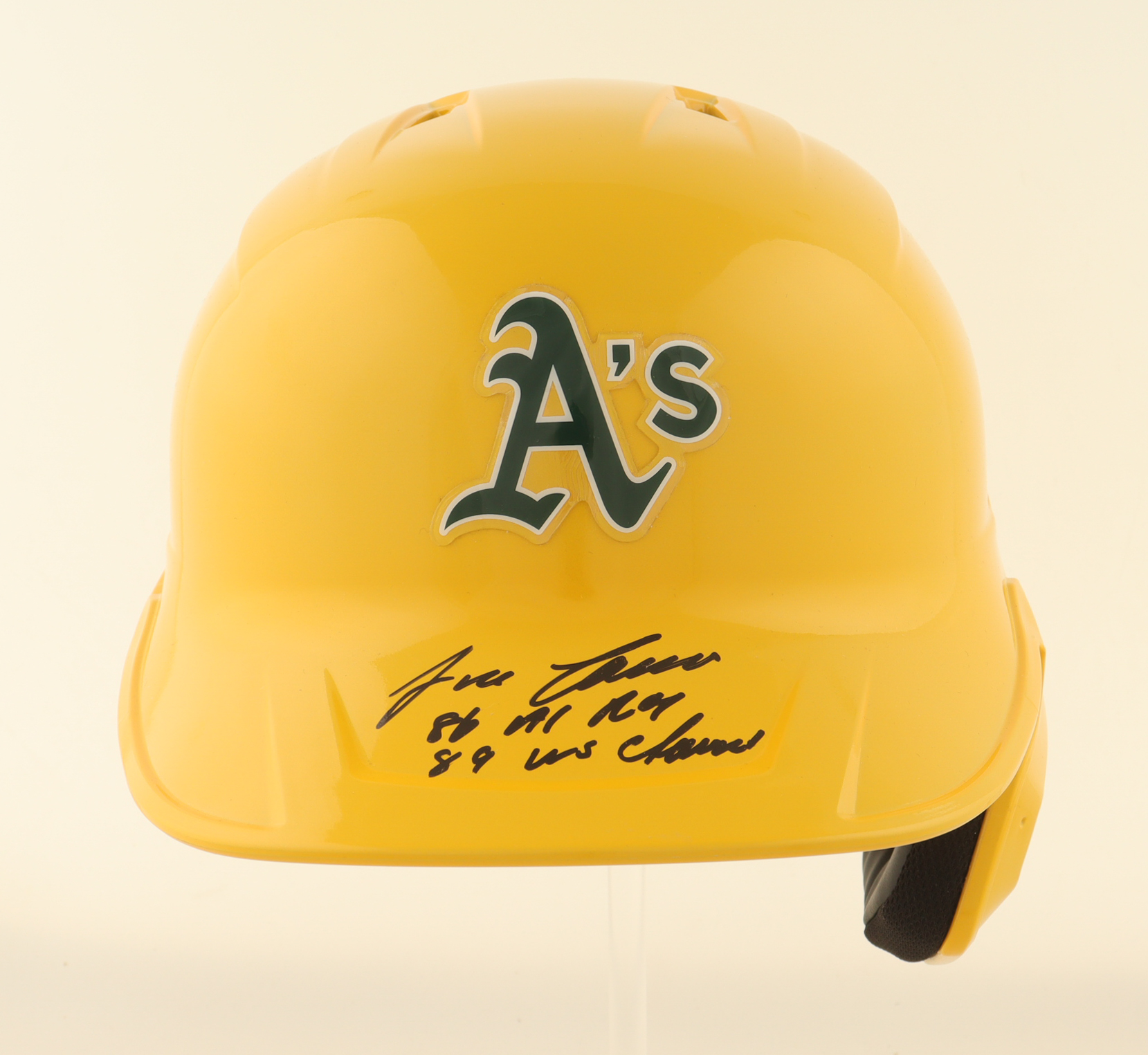 Jose Canseco Signed Athletics Full-Size Batting Helmet Inscribed "86 AL ROY" & "89 WS Champs" (Beckett) at PristineAuction.com Jose Canseco Signed Athletics Full-Size Batting Helmet Inscribed "86 AL ROY" & "89 WS Champs" (Beckett) at PristineAuction.com
