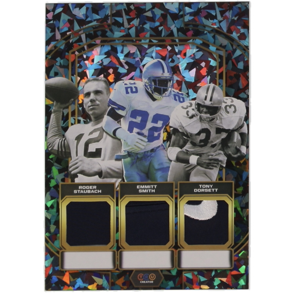 Roger Staubach | Emmitt Smith | Tony Dorsett 2024 TruSport Jumbo TruCreator Cracked Ice #TJCRSESTD JSY at PristineAuction.com