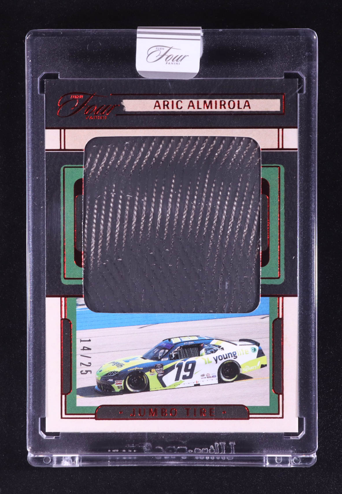 Aric Almirola 2025 Panini Turn Four Jumbo Tire Swatches Red #4 #14/25 at PristineAuction.com Aric Almirola 2025 Panini Turn Four Jumbo Tire Swatches Red #4 #14/25 at PristineAuction.com