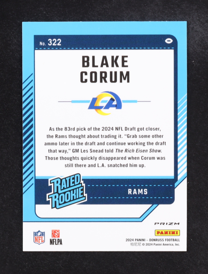 Blake Corum 2024 Donruss Optic Rated Rookies Preview Red Pandora #322 RC at PristineAuction.com Blake Corum 2024 Donruss Optic Rated Rookies Preview Red Pandora #322 RC at PristineAuction.com