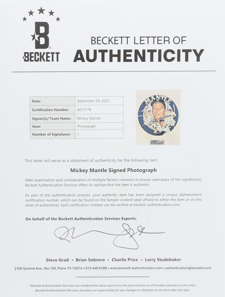 Mickey Mantle Signed 8x10 Poster (Beckett) at PristineAuction.com Mickey Mantle Signed 8x10 Poster (Beckett) at PristineAuction.com