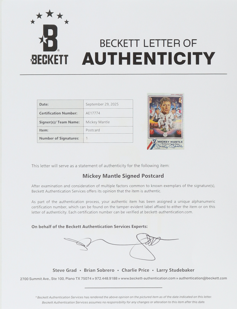 Mickey Mantle Signed 4x6 Postcard (Beckett) at PristineAuction.com Mickey Mantle Signed 4x6 Postcard (Beckett) at PristineAuction.com