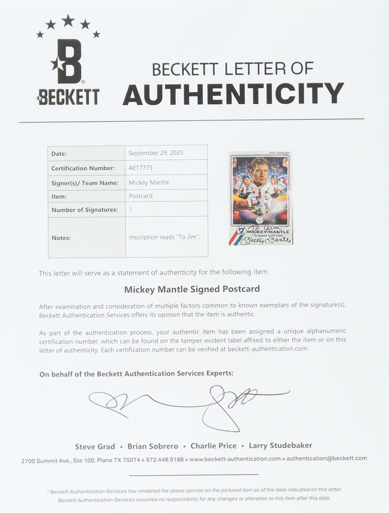 Mickey Mantle Signed 4x6 Postcard (Beckett) at PristineAuction.com Mickey Mantle Signed 4x6 Postcard (Beckett) at PristineAuction.com