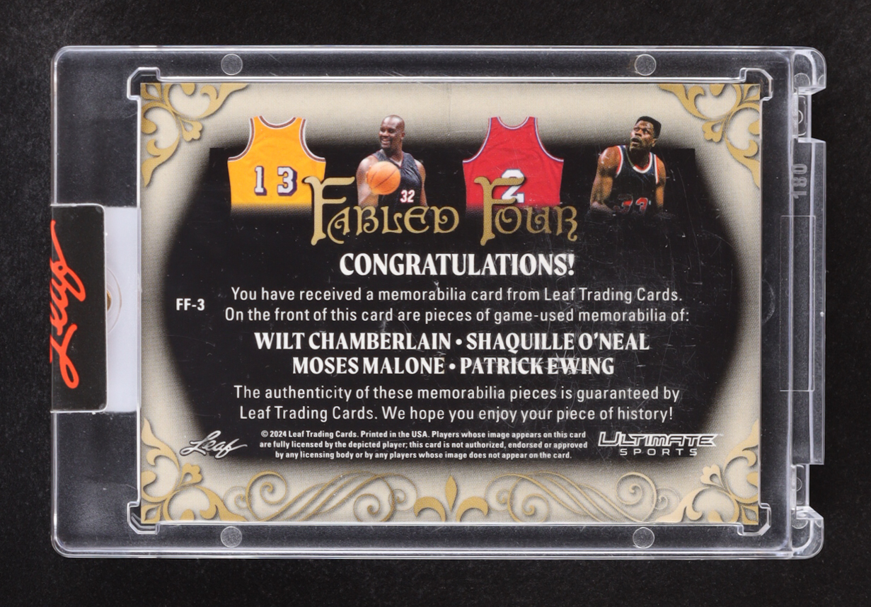 Wilt Chamberlain/Shaquille O'Neal/Moses Malone/Patrick Ewing 2024 Leaf Ultimate Sports Fabled Four Purple #FF-3 #5/8 at PristineAuction.com Wilt Chamberlain/Shaquille O'Neal/Moses Malone/Patrick Ewing 2024 Leaf Ultimate Sports Fabled Four Purple #FF-3 #5/8 at PristineAuction.com