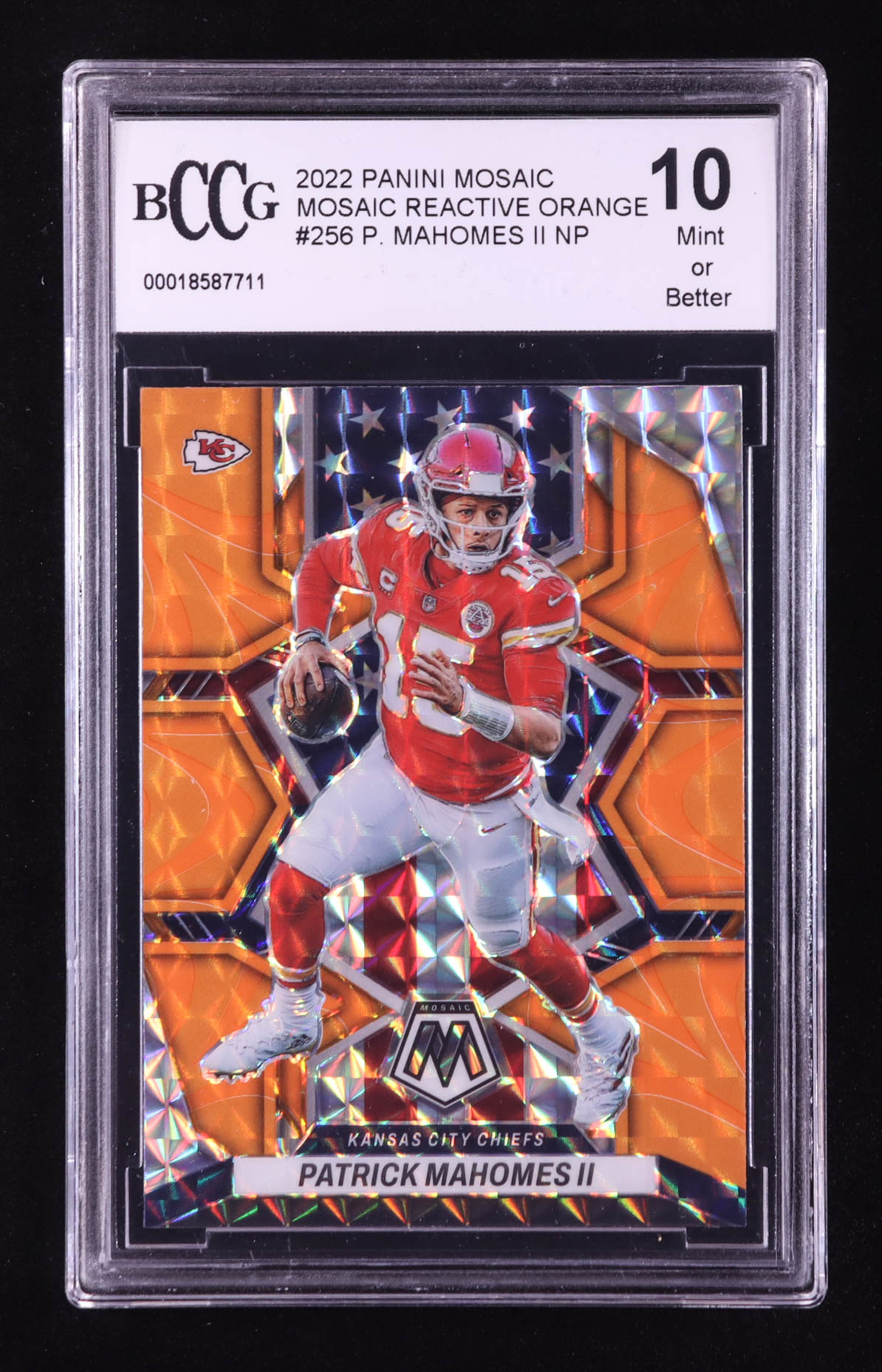 Patrick Mahomes II 2022 Panini Mosaic Mosaic Reactive Orange #256 NP (BCCG 10) at PristineAuction.com Patrick Mahomes II 2022 Panini Mosaic Mosaic Reactive Orange #256 NP (BCCG 10) at PristineAuction.com