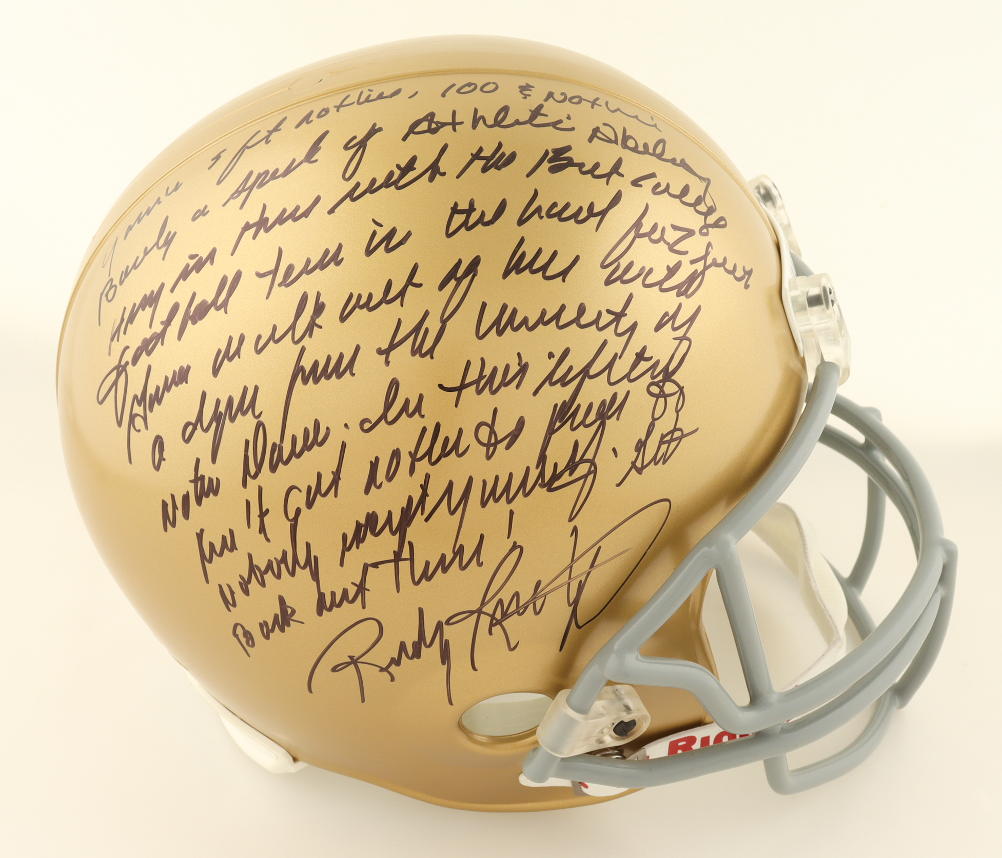 Rudy Ruettiger Signed Notre Dame Fighting Irish Full-Size Helmet with Extensive Inscription (JSA) at PristineAuction.com Rudy Ruettiger Signed Notre Dame Fighting Irish Full-Size Helmet with Extensive Inscription (JSA) at PristineAuction.com