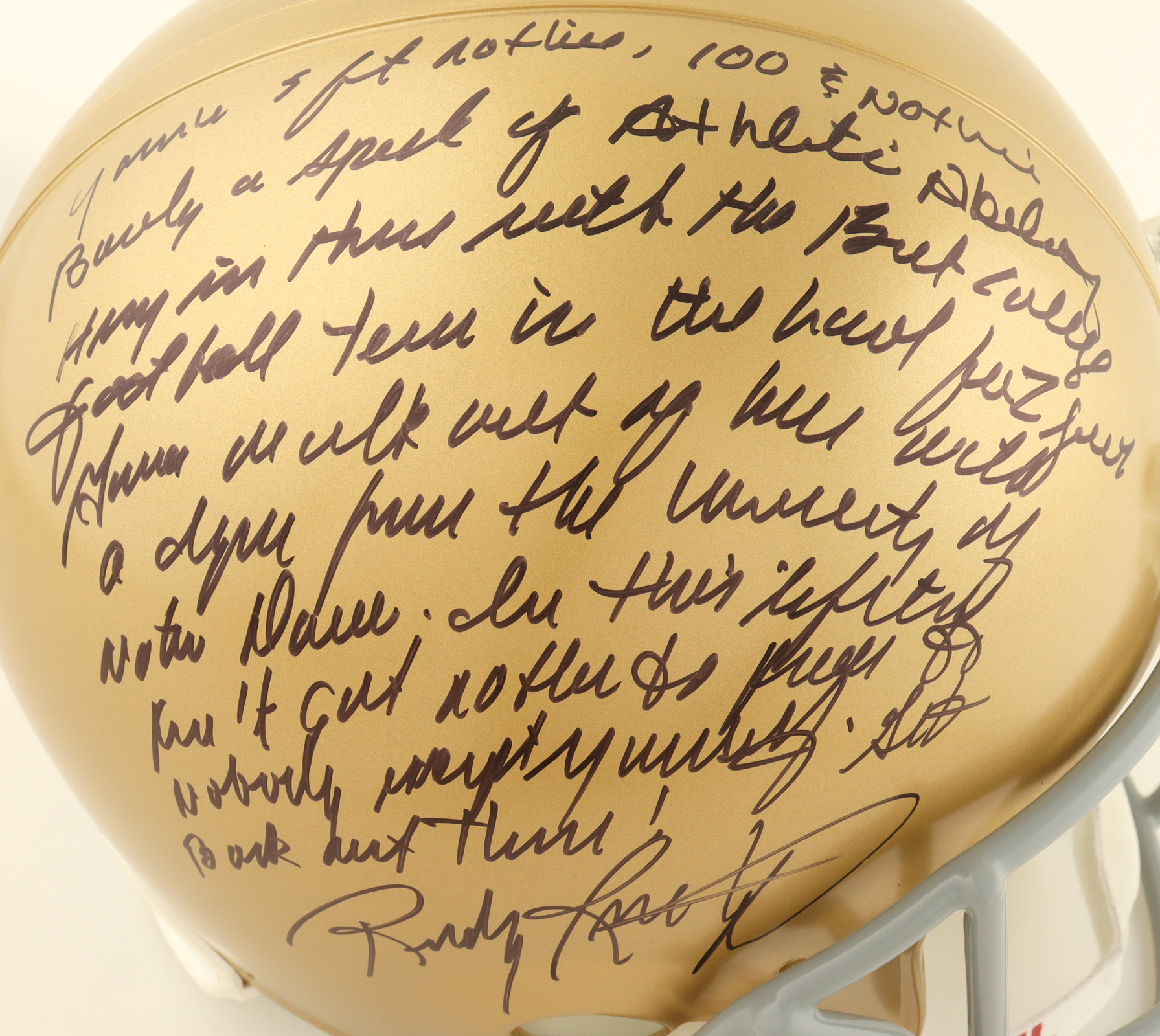 Rudy Ruettiger Signed Notre Dame Fighting Irish Full-Size Helmet with Extensive Inscription (JSA) at PristineAuction.com Rudy Ruettiger Signed Notre Dame Fighting Irish Full-Size Helmet with Extensive Inscription (JSA) at PristineAuction.com