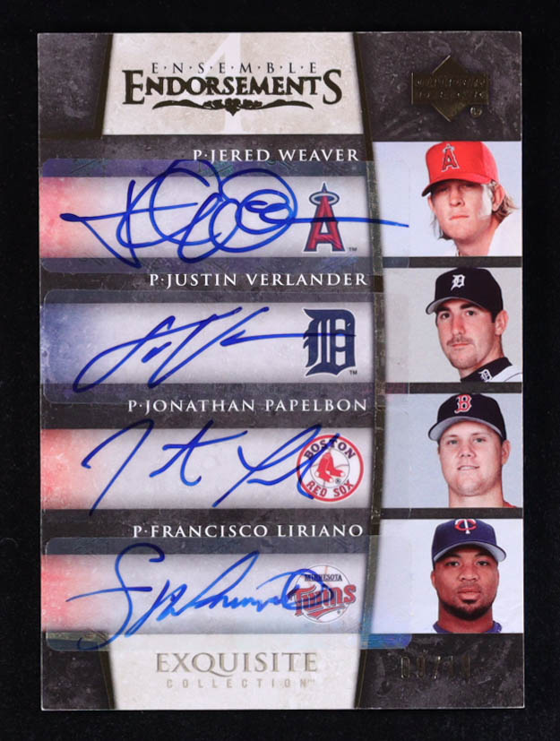 Justin Verlander / Francisco Liriano / Jered Weaver / Jonathan Papelbon 2006 Exquisite Collection Ensemble Endorsements Quad #WVPL #09/10 at PristineAuction.com Justin Verlander / Francisco Liriano / Jered Weaver / Jonathan Papelbon 2006 Exquisite Collection Ensemble Endorsements Quad #WVPL #09/10 at PristineAuction.com
