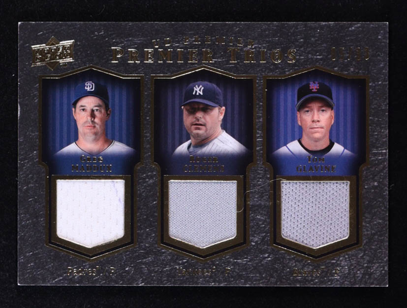 Greg Maddux / Roger Clemens / Tom Glavine 2008 Upper Deck Premier Trios Memorabilia Gold #MCG #05/33 at PristineAuction.com Greg Maddux / Roger Clemens / Tom Glavine 2008 Upper Deck Premier Trios Memorabilia Gold #MCG #05/33 at PristineAuction.com