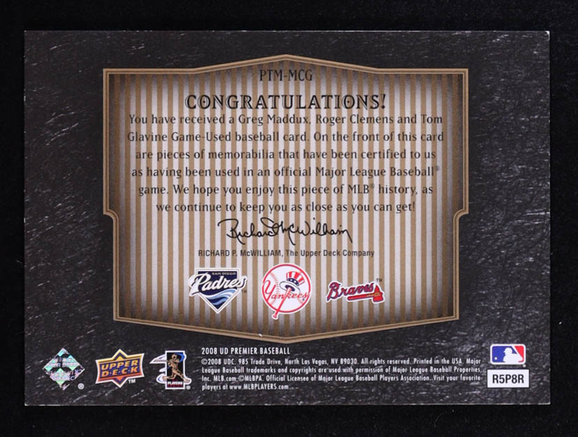 Greg Maddux / Roger Clemens / Tom Glavine 2008 Upper Deck Premier Trios Memorabilia Gold #MCG #05/33 at PristineAuction.com Greg Maddux / Roger Clemens / Tom Glavine 2008 Upper Deck Premier Trios Memorabilia Gold #MCG #05/33 at PristineAuction.com