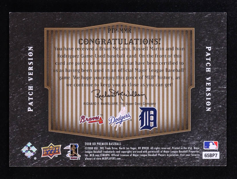 Brian McCann / Russell Martin / Ivan Rodriguez2008 Upper Deck Premier Trios Patches Gold #MMR #05/15 at PristineAuction.com Brian McCann / Russell Martin / Ivan Rodriguez2008 Upper Deck Premier Trios Patches Gold #MMR #05/15 at PristineAuction.com