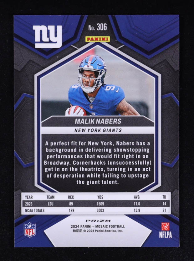 Malik Nabers 2024 Panini Mosaic Mosaic Reactive Yellow #306 RC at PristineAuction.com Malik Nabers 2024 Panini Mosaic Mosaic Reactive Yellow #306 RC at PristineAuction.com