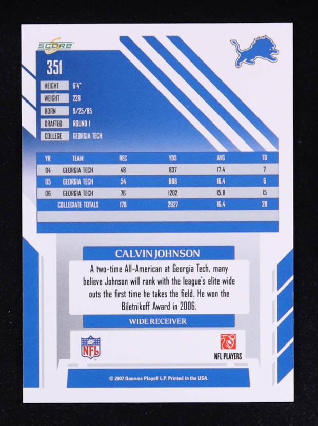 Calvin Johnson 2007 Score #351 RC at PristineAuction.com Calvin Johnson 2007 Score #351 RC at PristineAuction.com