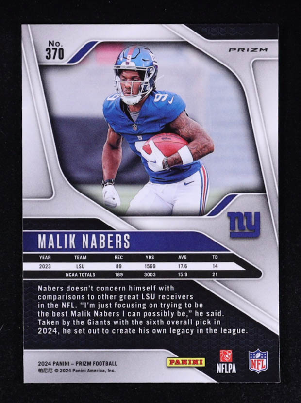 Malik Nabers 2024 Panini Prizm Prizms Red White and Blue #370 RC at PristineAuction.com Malik Nabers 2024 Panini Prizm Prizms Red White and Blue #370 RC at PristineAuction.com