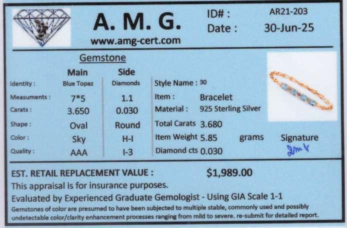 3.68 CTW Natural Blue Topaz & Diamonds 18K Gold Plated Designer Bracelet Size 7.6 Inches | Estimated Retail Value: $1,989 (AMG) at PristineAuction.com 3.68 CTW Natural Blue Topaz & Diamonds 18K Gold Plated Designer Bracelet Size 7.6 Inches | Estimated Retail Value: $1,989 (AMG) at PristineAuction.com