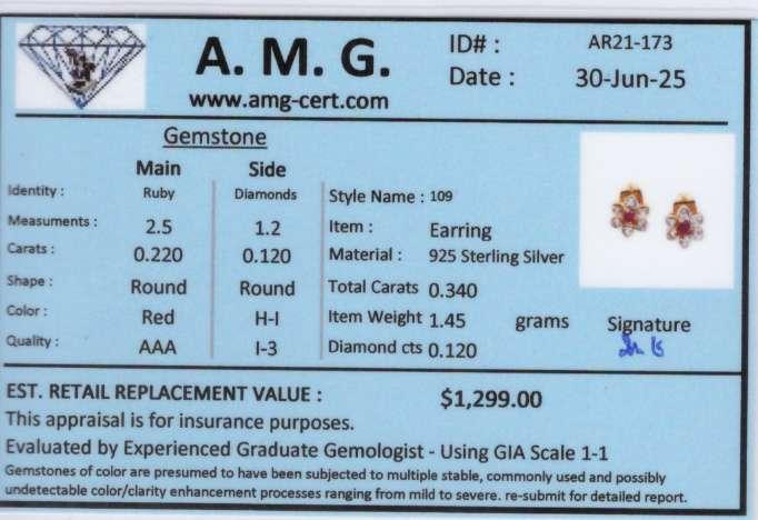 0.34 CTW Natural Ruby & Diamond 18K Gold Plated Designer Earrings | Estimated Value $1299 (AMG) at PristineAuction.com 0.34 CTW Natural Ruby & Diamond 18K Gold Plated Designer Earrings | Estimated Value $1299 (AMG) at PristineAuction.com