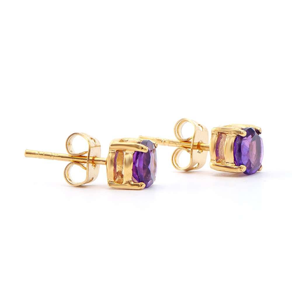 1.42 CTW Natural Amethyst 18K Gold Plated Designer Stud Earrings | Estimated Retail Value: $1,199 (AMG) at PristineAuction.com 1.42 CTW Natural Amethyst 18K Gold Plated Designer Stud Earrings | Estimated Retail Value: $1,199 (AMG) at PristineAuction.com