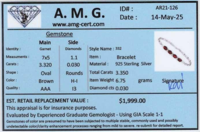 3.35 CTW Natural Garnet & Diamonds Rhodium Plated Designer Bracelet 7.5 in | Estimated Retail Value: $1,999 (AMG) at PristineAuction.com 3.35 CTW Natural Garnet & Diamonds Rhodium Plated Designer Bracelet 7.5 in | Estimated Retail Value: $1,999 (AMG) at PristineAuction.com