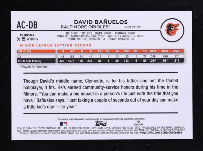 David Banuelos 2024 Topps Chrome Update Autographs Purple Speckle Refractors #ACDB #111/299 RC at PristineAuction.com David Banuelos 2024 Topps Chrome Update Autographs Purple Speckle Refractors #ACDB #111/299 RC at PristineAuction.com